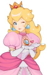 Rule 34 | 1girl, blonde hair, blue eyes, crown, dress, earrings, elbow gloves, gloves, heart, highres, jewelry, jivke, long hair, looking at viewer, mario (series), nintendo, one eye closed, own hands together, petticoat, pink dress, princess peach, simple background, solo, super smash bros., white background, white gloves