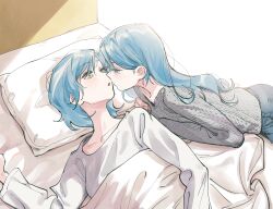 Rule 34 | 2girls, aqua hair, bang dream!, blue pants, commentary, eye contact, green eyes, grey sweater, hair between eyes, highres, hikawa hina, hikawa sayo, imminent kiss, incest, knit sweater, long hair, long sleeves, looking at another, medium hair, multiple girls, on bed, open mouth, pants, pillow, shirt, siblings, sisters, sunlight, sweater, twincest, twins, under covers, white background, white shirt, yuri, zihacheol