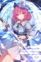 Rule 34 | 1girl, \||/, absurdres, blue background, blue headwear, blue kimono, cherry blossom print, chiroru (cheese-roll), closed mouth, commentary, egasumi, floral print, hat, highres, holding, holding sword, holding weapon, japanese clothes, kimono, long sleeves, looking at viewer, mob cap, pink eyes, pink hair, saigyouji yuyuko, short hair, sword, touhou, triangular headpiece, weapon, wide sleeves