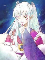 Rule 34 | 1girl, bad id, bad pixiv id, facial mark, forehead mark, fur trim, inuyasha, japanese clothes, jewelry, kimono, lipstick, long hair, makeup, nail polish, necklace, pointy ears, portrait, sesshoumaru&#039;s mother, solo, teeth, twintails, white hair, yellow eyes