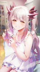 Rule 34 | 1girl, black ribbon, blush, bow, bowtie, breasts, brown eyes, cleavage, commentary request, controller, cowboy shot, dress, frilled dress, frills, game controller, gausuke, grey hair, grin, hair between eyes, hair ribbon, highres, holding, holding controller, holding game controller, indie virtual youtuber, indoors, jewelry, large breasts, looking at viewer, medium bangs, multicolored hair, necklace, pink bow, pink bowtie, pink hair, playstation controller, pointy ears, ribbon, sidelocks, sitting, sleeveless, sleeveless dress, smile, solo, streaked hair, suou patra, twintails, two-tone hair, virtual youtuber, white dress