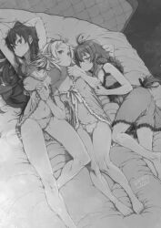 3girls arms_up artist_name ass babydoll barefoot bed bed_sheet bow bow_panties breasts cleavage closed_mouth dated elf eris_greyrat feet frilled_babydoll frilled_panties frills gluteal_fold greyscale highres kiyo_(a_sam_ko) large_breasts legs lingerie long_braid looking_at_viewer lying monochrome multiple_girls mushoku_tensei navel on_back on_bed on_side panties pillow pointy_ears roxy_migurdia small_breasts string_panties sylphiette_(mushoku_tensei) underwear underwear_only