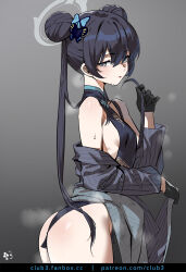 Rule 34 | 1girl, ass, black dress, black gloves, black hair, black jacket, blue archive, breasts, butterfly hair ornament, china dress, chinese clothes, club3, commentary, double bun, dragon print, dress, gloves, grey eyes, hair bun, hair ornament, halo, highres, jacket, kisaki (blue archive), long hair, looking at viewer, off shoulder, pinstripe jacket, pinstripe pattern, print dress, small breasts, solo, steaming body, striped, sweat, twintails