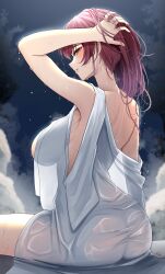 Rule 34 | 1girl, absurdres, arm up, ass, bathing, black robe, blush, breasts, from side, highres, hinoki kahun0, hololive, houshou marine, large breasts, long hair, night, night sky, onsen, parted lips, ponytail, red eyes, red hair, robe, sitting, sky, solo, steam, virtual youtuber, water, wet, wet hair