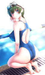 Rule 34 | 1girl, ass, bare shoulders, blue eyes, blush, breasts, competition swimsuit, covered erect nipples, female focus, from behind, goggles, goggles on head, green hair, highleg, highleg swimsuit, highres, kezune (i- -i), kneeling, large breasts, looking at viewer, looking back, one-piece swimsuit, original, poolside, short hair, smile, solo, swim cap, swimsuit, wet