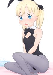 Rule 34 | 1girl, animal ears, blonde hair, blue eyes, collar, eyebrows, fake animal ears, female focus, hair ribbon, highres, kurokaji, leotard, looking at viewer, open mouth, original, playboy bunny, rabbit ears, rabbit tail, ribbon, shiny clothes, simple background, solo, tail, twintails, white background
