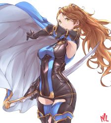 Rule 34 | 1girl, armpits, asymmetrical bangs, beatrix (granblue fantasy), black gloves, brown hair, cape, capelet, cloak, gloves, granblue fantasy, highres, holding, holding sword, holding weapon, long hair, nillith, ponytail, smile, sword, weapon, white background, yellow eyes
