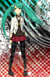 Rule 34 | 1girl, boots, bracelet, checkered clothes, checkered legwear, earrings, green eyes, green hair, hatsune miku, highres, jacket, jewelry, long hair, matching hair/eyes, miyako (bloodcrow0513), pantyhose, punk, ring, sleeves pushed up, solo, twintails, vocaloid