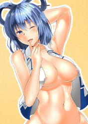 Rule 34 | 1girl, arm up, blue eyes, blue hair, blush, breasts, dutch angle, hair ornament, hair rings, hair stick, highres, kaku seiga, large breasts, looking at viewer, matching hair/eyes, midriff, naked vest, navel, one eye closed, open clothes, open mouth, open vest, out-of-frame censoring, short hair, smile, solo, takamichis211, touhou, vest, yellow background