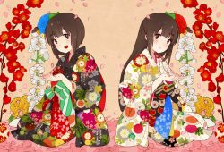 Rule 34 | 2girls, :d, bad id, bad pixiv id, blush, brown hair, closed mouth, cupping hands, eyebrows, floral print, flower, furisode, hair flower, hair ornament, half updo, head tilt, japanese clothes, kimono, long hair, looking at viewer, meme (zuwaigani4), multiple girls, obi, open mouth, own hands together, petals, petit milady, purple eyes, sash, sitting, smile, taketatsu ayana, voice actor, white legwear, yuuki aoi