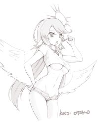 Rule 34 | 10s, 1girl, angel wings, breasts, candy, spiked halo, crop top, crop top overhang, feathered wings, food, greyscale, groin, halo, hand on own hip, highres, jibril (no game no life), kuso otoko, large breasts, lollipop, long hair, low wings, magic circle, md5 mismatch, midriff, monochrome, navel, no game no life, open fly, open mouth, shirt, short shorts, shorts, skindentation, solo, taut clothes, taut shirt, tongue, unbuttoned, underboob, unzipped, very long hair, white wings, wings