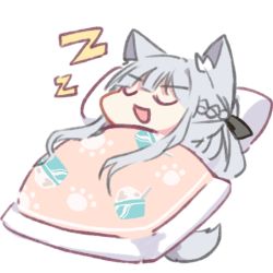 Rule 34 | 1girl, ak-12 (girls&#039; frontline), animal ears, chibi, closed eyes, futon, girls&#039; frontline, head, lowres, lying, open mouth, paw print, pillow, silver hair, sleeping, smug, solo, tail, under covers, white background, wolf ears, wolf tail, yuutama2804, zzz
