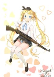 Rule 34 | 1girl, artist name, black footwear, black hat, black skirt, blonde hair, blouse, blue eyes, blue panties, blush, bolt action, dated, elegantt, full body, gun, hat, heart, long hair, looking at viewer, mauser 98, panties, playerunknown&#039;s battlegrounds, rifle, shirt, simple background, skirt, solo, striped clothes, striped panties, thighhighs, twintails, underwear, uniform, very long hair, weapon, white shirt, white thighhighs
