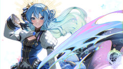 Rule 34 | 1girl, aqua hair, artist logo, black gloves, blue dress, blue eyes, blue hair, cleavage cutout, clothing cutout, crown, dress, floating hair, frilled sleeves, frills, gloves, grin, hair between eyes, hair ornament, half gloves, highres, hololive, hoshimachi suisei, hoshimachi suisei (stellar into the galaxy), juliet sleeves, light particles, long hair, long sleeves, looking at viewer, mini crown, negative space, puffy sleeves, smile, solo, star (symbol), star in eye, symbol in eye, tassel, tiprip kk, upper body, virtual youtuber, white background, white sleeves, wide sleeves