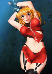 Rule 34 | 1girl, :o, absurdres, armpits, arms up, blonde hair, blue eyes, blush, breasts, cuffs, embarrassed, excellen browning, female focus, fingerless gloves, garter straps, gloves, gradient background, groin, high ponytail, highres, large breasts, legs, looking at viewer, navel, open mouth, panties, restrained, simple background, skirt, solo, standing, super robot wars, super robot wars original generation, thighhighs, thighs, torn clothes, underwear, yadokari genpachirou