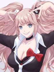 Rule 34 | 1girl, akane (a reddam), arms up, bear hair ornament, black bra, black choker, bow, bra, breasts, choker, cleavage, collarbone, danganronpa: trigger happy havoc, danganronpa (series), enoshima junko, grey background, grin, hair ornament, highres, large breasts, long hair, nail polish, necktie, red bow, red nails, ribbon-trimmed bra, smile, solo, teeth, twintails, underwear, upper body, v, white necktie