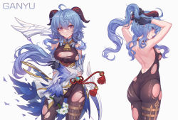 Rule 34 | 1girl, absurdres, ahoge, areola slip, ass, backless leotard, bare shoulders, blue hair, bodysuit, breasts, detached sleeves, flower, from behind, ganyu (genshin impact), genshin impact, gloves, goat horns, hair between eyes, highres, horns, leotard, long hair, looking at viewer, looking back, medium breasts, multiple views, nairobi song, neck bell, pantyhose, purple eyes, shiny clothes, shiny skin, sideboob, simple background, solo, torn clothes, torn legwear, torn leotard, torn pantyhose, very long hair, waist cape, white background