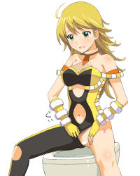 Rule 34 | 1girl, a1 (initial-g), ahoge, asymmetrical clothes, bare shoulders, blonde hair, blush, censored, cleft of venus, clothing aside, cosmic &amp; funny (idolmaster), costume aside, fingerless gloves, gloves, green eyes, heart, hoshii miki, idolmaster, idolmaster (classic), leotard, leotard aside, long hair, navel, pussy, simple background, solo, tattoo, toilet, toilet use