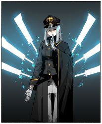 Rule 34 | 1girl, absurdres, black hat, border, buttons, closed eyes, closed mouth, double-breasted, energy blade, gloves, gogalking, grey jacket, hand up, hat, highres, jacket, long sleeves, magic, meditation, military, military hat, military jacket, military uniform, ophelia (gogalking), original, pants, solo, uniform, white border, white gloves, white pants