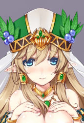 Rule 34 | 1girl, bad id, bad pixiv id, blonde hair, blue eyes, breasts, cleavage, freyja (p&amp;d), jewelry, large breasts, long hair, lots of jewelry, out-of-frame censoring, pointy ears, puzzle &amp; dragons, solo, tama (tamatamo), upper body