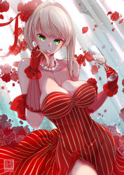 Rule 34 | 1girl, bare shoulders, blonde hair, breasts, champagne flute, cleavage, cup, curtains, dress, drinking glass, dutch angle, earrings, elbow gloves, fate/extra, fate/grand order, fate (series), flower, gloves, gradient background, green eyes, highres, holding, holding cup, jewelry, large breasts, necklace, nekomimipunks, nero claudius (fate), nero claudius (fate) (all), nero claudius (fate/extra), pearl necklace, red dress, red gloves, red ribbon, ribbon, rose, side slit, solo, striped clothes, striped dress, swept bangs