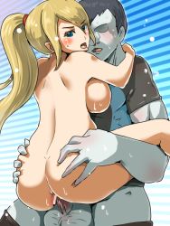Rule 34 | 1boy, 1girl, anus, ass, back, blonde hair, blue eyes, boris (noborhys), breasts, censored, colored skin, from behind, held up, hetero, looking back, wii fit trainer (male), metroid, nintendo, pointless censoring, ponytail, samus aran, sex, super smash bros., suspended congress, tagme, testicles, vaginal, white skin, wii fit, wii fit trainer