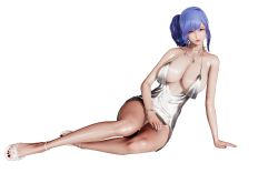 Rule 34 | 1girl, 3d, absurdres, azur lane, bare shoulders, blue hair, breasts, closed mouth, collarbone, dress, earrings, evening gown, feet, fingernails, halter dress, halterneck, hand on leg, highres, jewelry, large breasts, long hair, looking at viewer, no bra, official alternate costume, ponytail, side ponytail, silver dress, sitting, solo, st. louis (azur lane), st. louis (luxurious wheels) (azur lane), transparent background