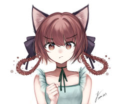 Rule 34 | 1girl, :/, absurdres, alternate costume, animal ear fluff, animal ears, bare shoulders, black bow, blush, bow, braid, braided hair rings, breasts, cat ears, choker, clenched hand, closed mouth, collarbone, dated, green ribbon, hair between eyes, hair bow, hair rings, hand up, highres, kaenbyou rin, long hair, looking at viewer, nose blush, red eyes, red hair, ribbon, ribbon choker, signature, simple background, small breasts, solo, touhou, twin braids, upper body, v-shaped eyebrows, white background, yolandabaka