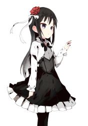Rule 34 | 10s, 1girl, absurdres, alternate costume, alternate eye color, asashio (kancolle), bad id, bad twitter id, black hair, black socks, dress, flower, frills, goth fashion, gothic lolita, hair flower, hair ornament, highres, kantai collection, kneehighs, lolita fashion, long hair, looking away, ooyama imo, pantyhose, puffy sleeves, purple eyes, ribbon, simple background, socks, solo, standing, thighhighs, white background, white ribbon