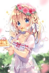 Rule 34 | 1girl, blonde hair, blue eyes, blush, bow, braid, breasts, character name, collarbone, commentary request, cream, cream on face, dated, dress, eating, flower, flower wreath, food, food on face, fork, hair between eyes, happy birthday, head wreath, holding, holding fork, holding plate, long hair, looking at viewer, medium breasts, navel, original, pan (mimi), pancake, pancake stack, petals, plate, puffy short sleeves, puffy sleeves, red bow, red flower, red rose, rose, see-through, see-through silhouette, see-through sleeves, short sleeves, solo, ten-chan (pan (mimi)), white dress, white flower