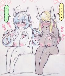 Rule 34 | ..., 2girls, blonde hair, blue hair, breasts, catura (granblue fantasy), collarbone, colored inner hair, commentary request, completely nude, condom, cum, cum on body, cum on breasts, cum on hair, cum on upper body, dark-skinned female, dark skin, draph, facial, full body, granblue fantasy, highres, holding, holding condom, horns, huge breasts, inverted nipples, kumbhira (granblue fantasy), light areolae, long hair, multicolored hair, multiple condoms, multiple girls, nipples, nude, pink hair, pointy ears, sitting, spoken ellipsis, traditional media, tsukareta san, two-tone hair, used condom