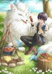 Rule 34 | 1boy, animal, black gloves, black hair, black pants, blue vest, blush, boots, brown footwear, campfire, closed mouth, commentary request, day, drooling, fingerless gloves, flower, food, fox, gloves, grass, hair between eyes, higeneko, highres, holding, holding food, kebab, knee up, knife, knife sheath, knife sheath, lettuce, long sleeves, male focus, meat, official art, original, outdoors, oversized animal, pants, purple eyes, saliva, sandwich, sheath, shirt, sitting, smile, solo, spoon, stew, tree, tree stump, vest, water, white shirt