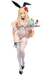 Rule 34 | 1girl, absurdres, animal ears, ayase shichikai, bare shoulders, black bow, black bowtie, black footwear, blonde hair, blue eyes, blush, bow, bowtie, breasts, cameltoe, cleavage, cleft of venus, closed mouth, collar, covered navel, cup, darkness (konosuba), detached collar, drinking glass, fake animal ears, flower, full body, gluteal fold, hair flower, hair ornament, highleg, highleg leotard, highres, holding, holding tray, jewelry, kono subarashii sekai ni shukufuku wo!, large breasts, leotard, long hair, looking at viewer, necklace, playboy bunny, rabbit ears, shoes, simple background, solo, standing, strapless, strapless leotard, thigh strap, thighhighs, traditional bowtie, tray, white background, white collar, white leotard, white thighhighs, white wrist cuffs, wrist cuffs, x hair ornament