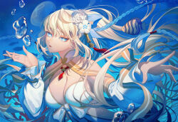 1girl absurdres bare_shoulders bikini blue_eyes blue_hair braid breasts cleavage detached_sleeves erchongbaojun fate/grand_order fate_(series) flower hair_flower hair_ornament hair_ribbon highres large_breasts long_hair long_sleeves looking_at_viewer morgan_le_fay_(fate) morgan_le_fay_(water_princess)_(fate) open_mouth ponytail puffy_long_sleeves puffy_sleeves ribbon sidelocks solo swimsuit twin_braids underwater very_long_hair white_bikini white_hair