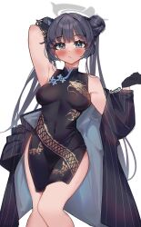 Rule 34 | 1girl, absurdres, auraaa, black dress, black gloves, black hair, blue archive, blush, breasts, china dress, chinese clothes, closed mouth, covered navel, double bun, dress, gloves, grey eyes, hair bun, highres, kisaki (blue archive), long hair, looking at viewer, medium breasts, solo, twintails