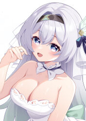 Rule 34 | 1girl, :d, absurdres, arm at side, back bow, bare shoulders, black hairband, blue eyes, blue pupils, blush, bow, breasts, bridal veil, cleavage, collarbone, crossed bangs, detached collar, dress, firefly (honkai: star rail), gradient hair, green bow, green hair, grey hair, hair between eyes, hair bow, hair intakes, hairband, hand up, highres, honkai: star rail, honkai (series), large breasts, long hair, looking at viewer, multicolored hair, open mouth, pink eyes, ruochi lk, sidelocks, smile, solo, strapless, strapless dress, two-tone eyes, upper body, veil, wedding dress, white bow, white dress, white veil