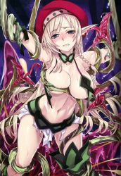 Rule 34 | 1girl, alleyne (queen&#039;s blade), beret, blonde hair, blue eyes, blush, boots, braid, breasts, clenched teeth, crying, crying with eyes open, elbow gloves, elf, gloves, green gloves, green thighhighs, hat, highres, large breasts, long hair, looking at viewer, official art, pointy ears, queen&#039;s blade, rape, side braid, tears, teeth, tentacles, thigh boots, thighhighs, torn clothes, wet