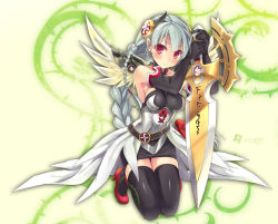 Rule 34 | 1girl, bankoku ayuya, bare shoulders, belt, black thighhighs, blush, bow, braid, breasts, ear piercing, elbow gloves, gloves, high heels, light valkyrie (p&amp;d), long hair, looking at viewer, piercing, pointy ears, puzzle &amp; dragons, red eyes, silver hair, skirt, solo, sword, thighhighs, twin braids, valkyrie (p&amp;d), very long hair, weapon, wings, zettai ryouiki