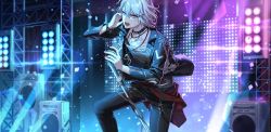 Rule 34 | 1boy, afterl!fe, blonde hair, blue eyes, bracelet, chain, collar, hair ornament, hairclip, handcuff dangle, highres, idol, jewelry, long sleeves, looking at viewer, male focus, microphone, microphone stand, music, necklace, official art, second-party source, short hair, singing, solo, spiked collar, spikes, stage, verine (afterl!fe)