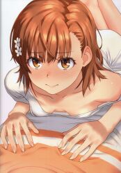 Rule 34 | 1girl, absurdres, blush, breasts, brown eyes, brown hair, cleavage, closed mouth, collarbone, fingernails, hair ornament, highres, lips, looking at viewer, lying, lying on person, misaka mikoto, on stomach, out of frame, raika9, scan, shiny skin, shirt, small breasts, solo, toaru kagaku no railgun, toaru majutsu no index, white shirt