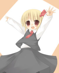 Rule 34 | 1girl, arms up, blonde hair, embodiment of scarlet devil, female focus, nami (cassette), o/, outstretched arms, red eyes, ribbon, rumia, short hair, solo, standing, touhou, white background