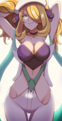 Rule 34 | 1girl, alternate costume, arms up, blonde hair, breasts, cleavage, cosplay, creatures (company), cynthia (pokemon), game freak, grey eyes, grin, hair ornament, hair over one eye, highres, long hair, md5 mismatch, nintendo, pokemon, pokemon dppt, pokemon oras, scarf, simple background, smile, solo, vivivoovoo, wallace (pokemon), wallace (pokemon) (cosplay)