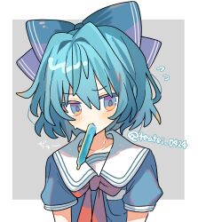 Rule 34 | 1girl, blue hair, blush, border, bow, bowtie, cirno, food, furrowed brow, grey background, hair bow, highres, light blue hair, medium hair, motion lines, popsicle, red bow, red bowtie, sailor collar, sailor shirt, shirocha tei, shirt, solo, sound effects, touhou, twitter username, upper body, white border