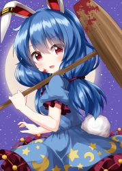 Rule 34 | 1girl, ambiguous red liquid, animal ears, blue dress, blue hair, blush, crescent print, dress, earclip, frilled sleeves, frills, hair between eyes, highres, holding, kine, long hair, looking at viewer, mallet, open mouth, puffy short sleeves, puffy sleeves, rabbit ears, rabbit tail, red eyes, ruu (tksymkw), seiran (touhou), short sleeves, smile, solo, star (symbol), star print, tail, touhou