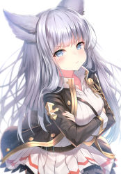 Rule 34 | 1girl, absurdres, animal ears, belt, blazer, blue eyes, blush, breasts, buttons, crossed arms, erune, gold trim, granblue fantasy, highres, jacket, korwa, long hair, long sleeves, looking at viewer, medium breasts, open clothes, pleated skirt, pout, pouty lips, scan, school uniform, simple background, skirt, solo, topia, white hair