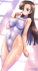 Rule 34 | 1girl, asymmetrical bangs, bare shoulders, black hair, blush, breasts, brown hair, cameltoe, cleft of venus, collarbone, covered erect nipples, covered navel, dated, girls und panzer, hand in own hair, highleg, highleg leotard, impossible clothes, impossible leotard, kamogawa tanuki, large breasts, leotard, long hair, looking at viewer, nishi kinuyo, signature, smile, solo, twitter username, white leotard