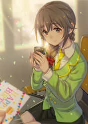 Rule 34 | 1girl, 2hands1cup, arms up, bad id, bad pixiv id, birthday card, black skirt, blurry, bokeh, braid, closed mouth, collared shirt, commentary request, cup, depth of field, green jacket, green tea, hair between eyes, happy birthday, highres, holding, holding cup, idolmaster, idolmaster cinderella girls, jacket, kusano shinta, lens flare, light brown hair, long hair, long sleeves, looking at viewer, necktie, on chair, pencil skirt, pov, school uniform, senkawa chihiro, shirt, single braid, sitting, skirt, smile, solo, tea, white shirt, wing collar, yellow necktie
