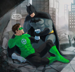 Rule 34 | 2boys, absurdres, bara, batman, batman (series), black bodysuit, black cape, black gloves, bodysuit, bruce wayne, cape, closed mouth, day, dc comics, domino mask, english text, gloves, green bodysuit, green lantern, green lantern (series), grey bodysuit, hal jordan, haljordanmylove, highres, holding hands, injury, jewelry, large pectorals, looking at another, male focus, mask, multiple boys, muscular, muscular male, outdoors, pectorals, ring, superhero costume, two-tone bodysuit, white gloves