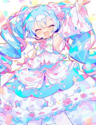 Rule 34 | 1girl, arm up, armpits, blue hair, blurry, blurry foreground, blush, bow, bowtie, closed eyes, colorful, commentary, confetti, cowboy shot, detached sleeves, dress, drill hair, english text, hair ribbon, happy, hatsune miku, highres, layered dress, maid headdress, microphone, open mouth, pastel colors, pink ribbon, ribbon, simple background, solo, twintails, uenomigi, vocaloid, white background, white bow, white bowtie, white dress, white sleeves