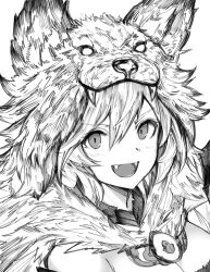 Rule 34 | 1girl, berserker (granblue fantasy), breasts, detached collar, djeeta (granblue fantasy), fangs, granblue fantasy, greyscale, highres, hood, hood up, long hair, looking at viewer, monochrome, monogrbl, open mouth, pelt, portrait, small breasts, smile, solo, very long hair, wolf hat